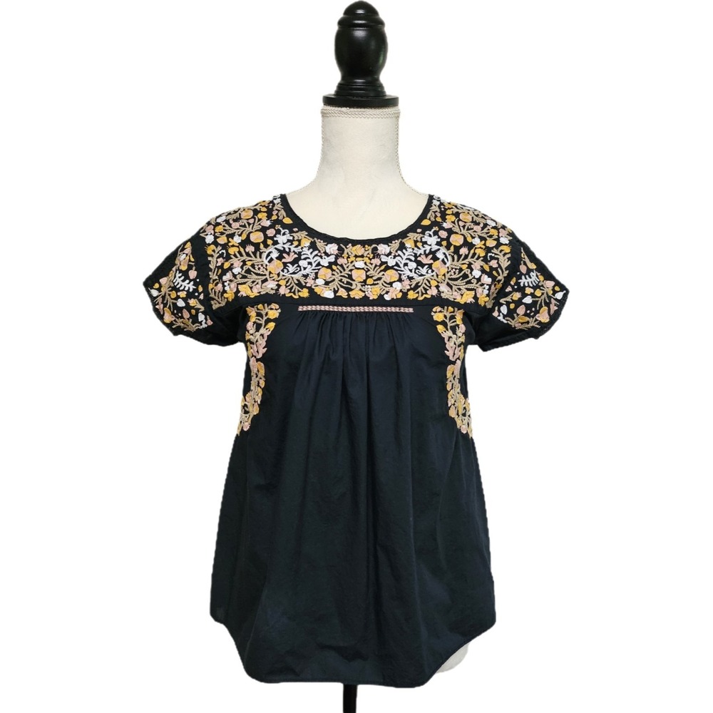 Madewell Black Floral Embroidered Top Size‎ XXS Dark Cottagecore